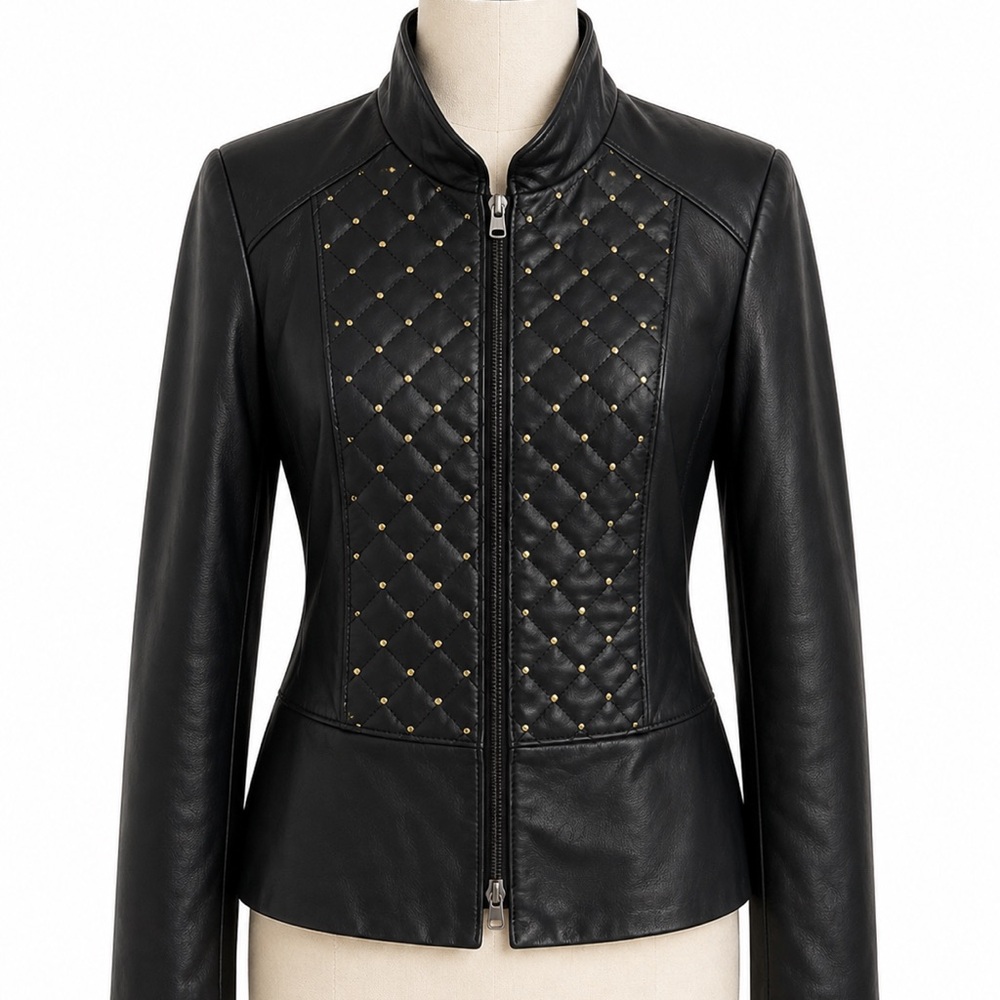 White House Black Market Black Gold Studs 100% Leather Jacket XS vintage